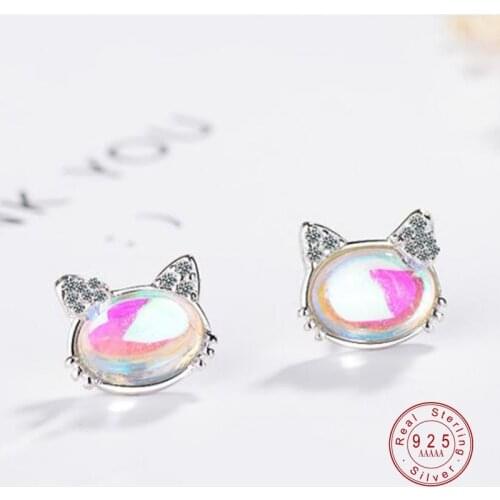 2020 New Silver Color Earrings For Women Anniversary Shiny Zircon Moonstone Cute Cat Stud Earring Female Holiday Jewelry Gift
