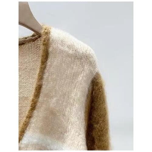 Women Sweater 2021 Spring and Summer Hit Color Long-sleeved Plush Fleece V-neck Single Button Cardigan Sweater