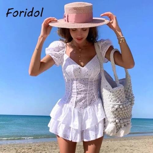 Hollow Out White Lace Rompers Overalls Women Ruffled Rompers Playsuits Summer Autumn Short Romper Ropa De Verano Mujer 2021