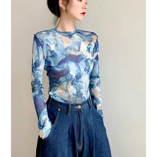 Women Blue Pattern Printed High Elastic Autumn Thin Printting Blue Pullover Sweet T-shirt Female Top K764