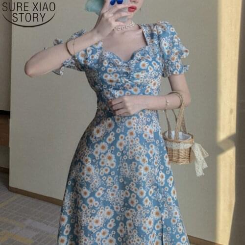 Floral Dress Hepburn Style Print Flowers Sweet Puff Sleeve Chiffon Split Dress Vestido Summer Oversize Women Clothes Robe 14555