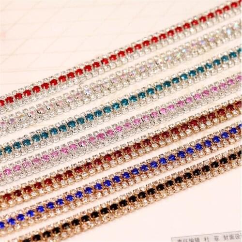 5Yard Free-shipping 3Rows 9Colors Clear Rhinestone Crystal Silver Tone Chain Costume Applique Trims Sewing RT0028