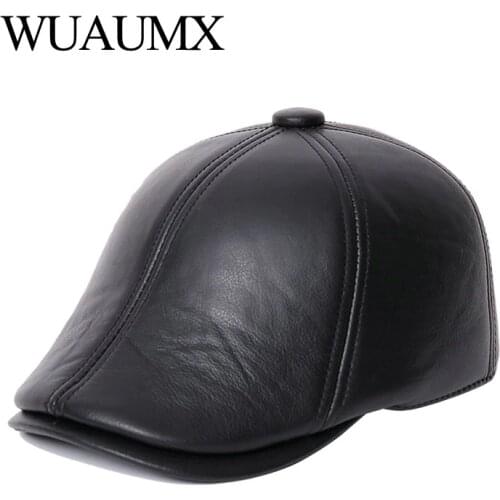 Wuaumx Genuine Cow Leather Berets For Men Lined With Cashmere Duckbill Winter Beret Hats Cowskin Warm Russian Hat With Ear flap