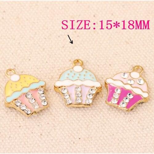 Free Shipping 30PCS/Lot Enamel Jewelry Charms GOld Tone Rhinestone Crystal Cup Cake Kawaii DIY Bracelet Necklace Earrings Craft