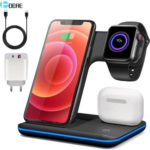 DCAE Qi Fast Wireless Charger Stand 3 in 1 Charging Station 15W Pad Dock for Apple Watch 6 SE AirPods Pro iPhone 12 11 XS XR X 8