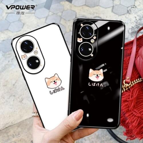 TPU Frame + Lens Protect black white dog Tempered glass phone case for huawei p 50 p50 p50 pro shockproof glass cover cases