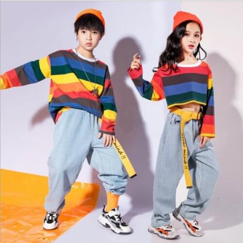 Kids Hip Hop Street Clothing Stripe Crop Tops Sweatshirt Jeans pants for Girls Jazz Dance Costume Rave Clothes Show Outfits