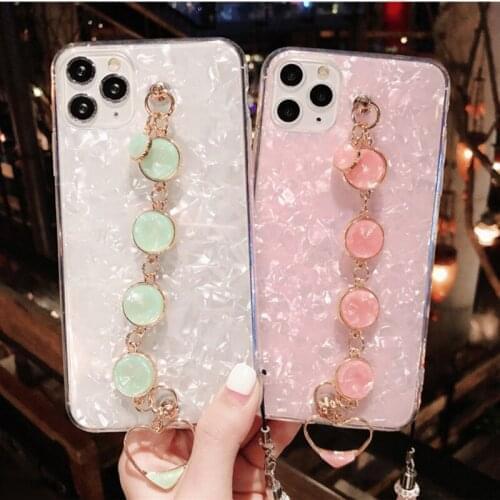 For iPhone 11 Pro Max 6 6S 7 8 Plus X XS MAX XR Emerald Hand Chain Diamond Bracelet Love Heart Pendant Shell Phone Case Cover