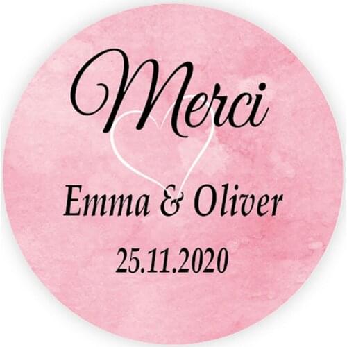 DouxArt 100 Pieces Custom Personalized, Merci Wedding Stickers, 40mm Wooden Wedding Baptism Event Communion Gift Labels P076