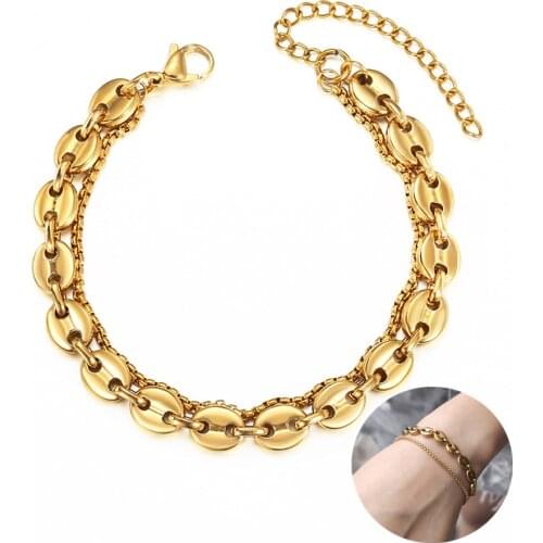 Double Layered Chain Bracelet for Women Gold Stainless Steel Coffee Beans Box Link Elegant Chic Wrist Jewelry Adjustable DB310