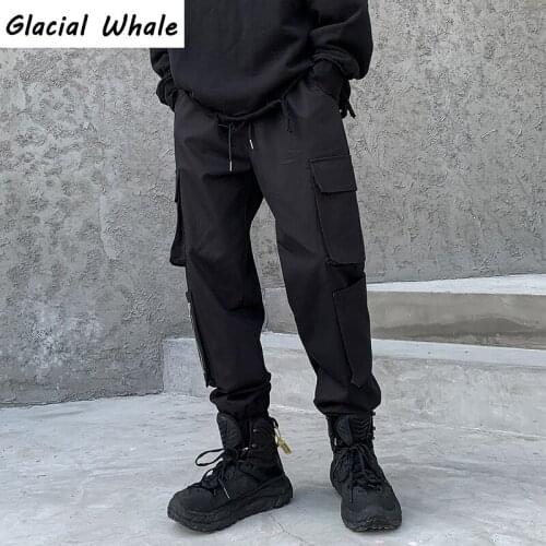 GlacialWhale Black Mens Cargo Pants Joggers Men Casual Patchwork Side Pockets Hip Hop Japanese Streetwear Trousers Pants For Men