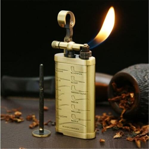 JIFENG vintage Metal grinding wheel brass pipe gas lighter with Tobacco Pipe Tamper;Gentlemans cigarette Cigar Butane lighter