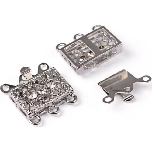 Brass Multi-strand Box Clasps Platinum Plated Clasps with A Clear Rhinestone 17x18x7mm Hole: 1.5mm