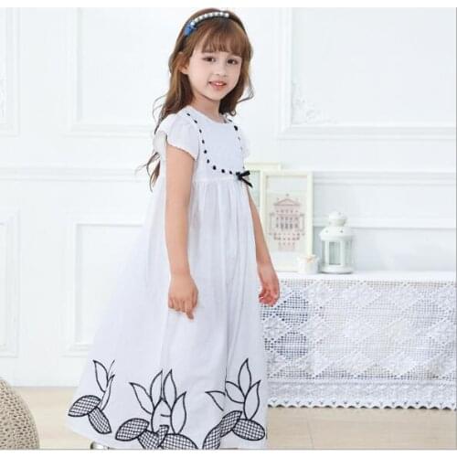 Summer New Girls Pajamas Dress Baby Girl White Bow Flower Embroidery Cotton Sleep Dresses Children Home Clothing 6 8 10 12Year