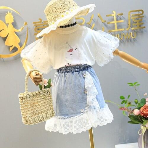 Summer Girl clothing Unicorn Cartoon Puff Sleeve Top +Lace Stitching Denim Skirt 2 Pcs Set 2-8 Y Children Clothes Kids Outfits