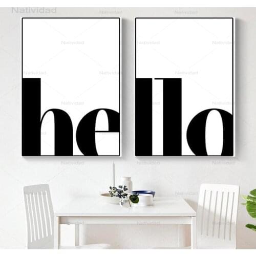 Minimalist Black White Hello English Word Poster and Print Set Wall Art Picture Canvas Painting Aesthetic Room Living Room Decor
