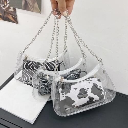 Fashion Women Animal Pattern Printing Transparent Shoulder Underarm Bag Ladies PU Leather Chain Small Handbags Purse 2set Bags