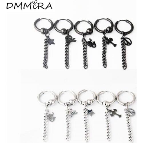 Fashion Hoop Color Black Titanium Steel Star Skull Scorpion Cross Peace symbol Circle Chain Charms Huggie Earrings Jewelry