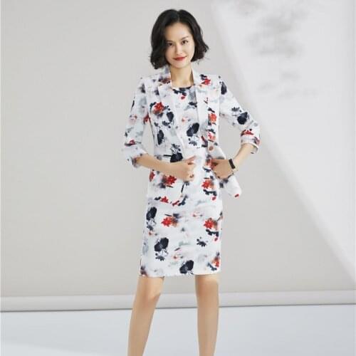 Fashion Ladies Flower Print Dress Suits for Women Business Suits Blazer and Jacket Sets Office Uniform Styles