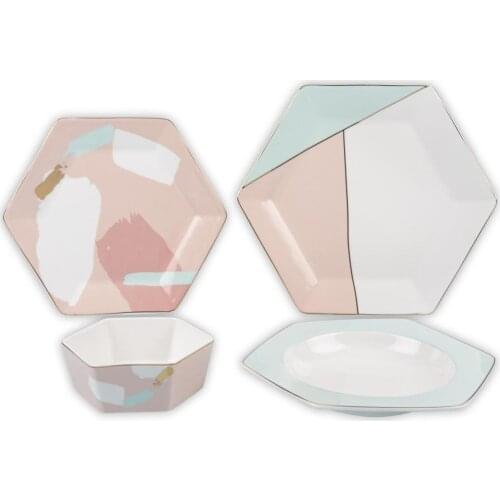 Unique Hexagon Design 6 Persons 24 PCS Porcelain Turkish Made Dinnerware Set