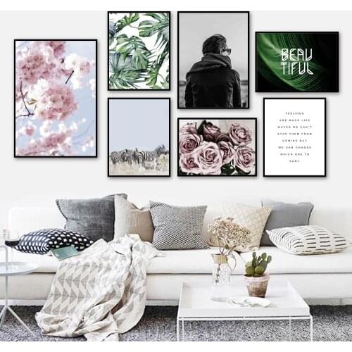 Pink Sakura Rose Zebra Monstera Landscape Wall Art Canvas Painting Nordic Posters And Prints Wall Pictures For Living Room Decor