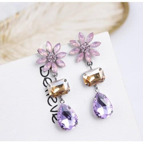 New Trendy Shiny Rhinestone Flower Women Dangle Earrings Statement Square Water Drop Crystal Pendant Jewelry Pendientes 6B1011