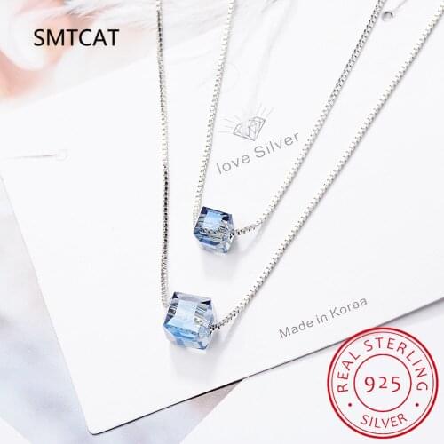925 Sterling Silver Square Cube Crystal Zircon Choker Statement Necklace For Women Double Clavicle Chain Pendants & Necklaces