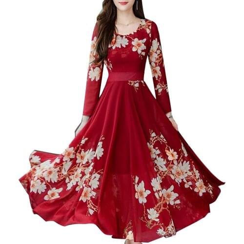 Plus Size Women Elegant O Neck Long Sleeve Floral Print Large Swing Maxi Dress 2020