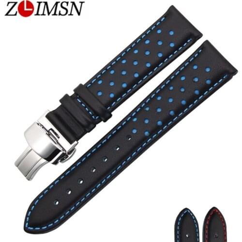 ZLIMSN Mens Watch Band Strap Genuine Leather Replacement Black Blue 20 22mm Watchbands 316L Stainless Steel Butterfly Buckle