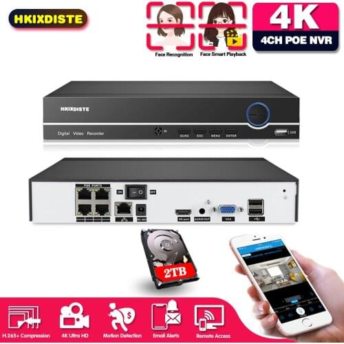 4CH H.265 4K POE CCTV Network Video Surveillance Recorder Face Detection 8 Channel NVR 8MP 4CH XMEYE Camera Recorder ONVIF NVR