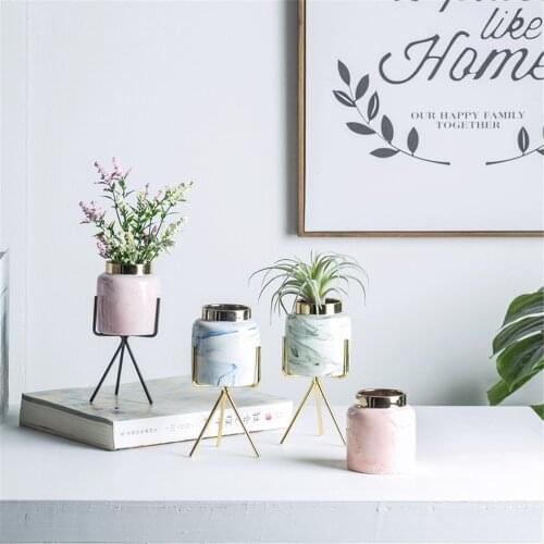 Nordic Chic Storage Jars with Gold Black Frame Pencil Holder Vogue Marble Pattern Ceramic Floral Machine Flower Vase Storage Jar