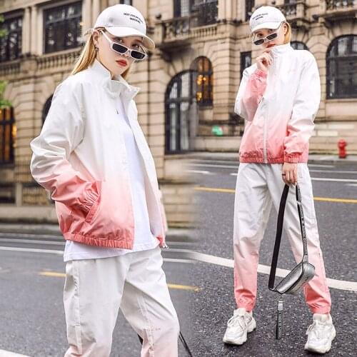 Sportswear Womens Gradient Color Suit Fashion New Casual Track Suit Sportswear Hip-hop Windbreaker Pants Suit