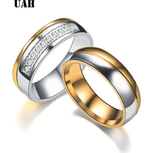 UAH Cubic Zirconia Couples Rings Stainless Steel Wedding Ring Set for Women and Men Party Jewelry Wholesale