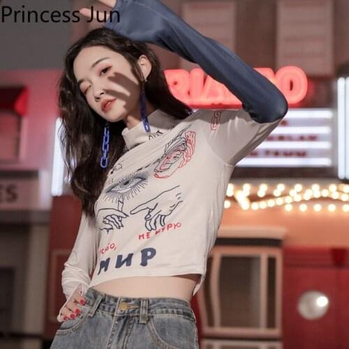 Women Summer Casual Patchwork Print T-Shirts Tee Fashion High Neck Tight-fitting Crop Top Long Sleeve Slim Chic Bottoming Shirt