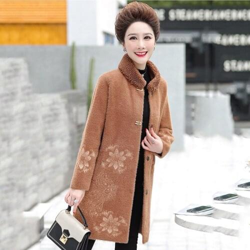 Womens Mothers Wear Mink Wool Coat Plus Size Middle-aged Embroidered Cashmere Coat Female Autumn Winter Woolen Coat Women Q228