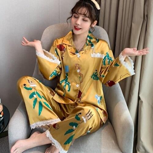 Spring and Autumn Womens Pajamas Sexy Simulation Silk Korean Pajamas Sweet Trend Long-sleeved Ice Silk Cardigan Home Wear Suit