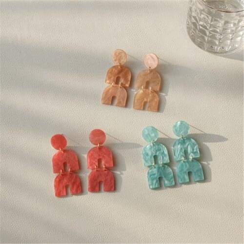 AOMU 2021 Summer Colorful Acrylic Geometric Round Semicircle Splicing Long Dangle Drop Earrings for Women Fashion Jewelry Gifts