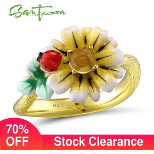 SANTUZZA Silver Ring For Women 925 Sterling Silver Delicate Yellow Sunflower Cubic Zirconia Ringen Party Fine Jewelry Enamel