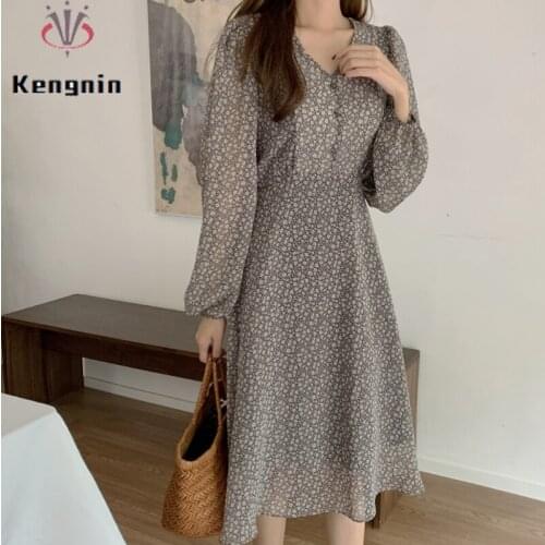 Loose Oversize Chiffon Dresses Woman 2021 Autumn Print Floral V-Neck Female Robe Dress Long Sleeve Office Lady Work Dress KE1712