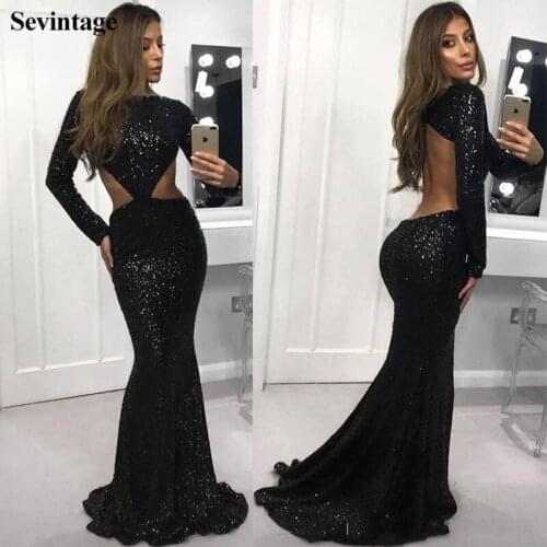 Sevintage Shiny Mermaid Sequin Evening Dress O-Neck Long Sleeve Prom Gowns Plus Size Glitter Sparkle Women Formal Party Gown