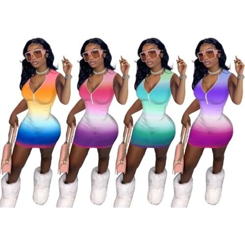 ZKYZWX Sexy Gradient Bodycon Zip Dress Birthday Dresses for Women Summer Vacation Outfit Sleeveless Skinny Night Club Mini Dress