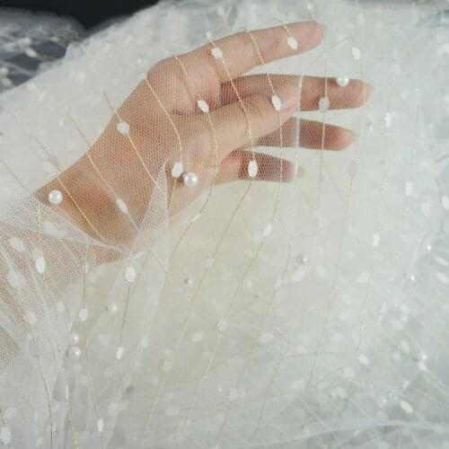 1yard 160cm wide high quality gold thread beaded pearl mesh lace fabric diy wedding drees skirt clothes accessories