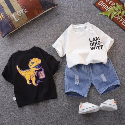 2021 New Children Cotton Summer Baby Boy Clothes Cartoon Dinosaur T Shirts+Denim Shorts 2Pcs/Sets Infant Kid Toddler Tracksuits