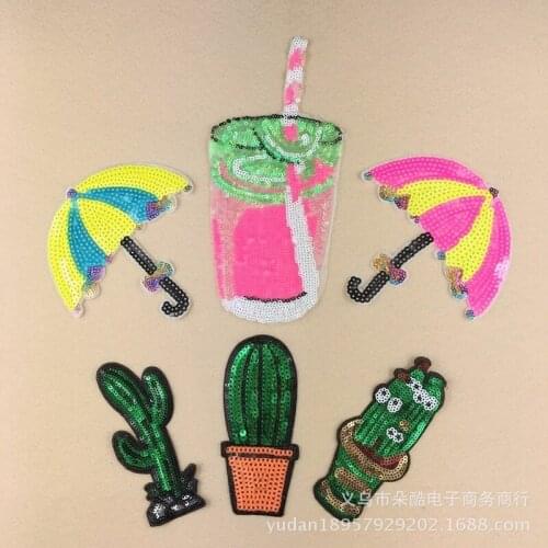 20pcs/lot New Sequin Patches Embroidery Sticker Umbrella Cactus Drink Plant Floral Clothing Accessories Heat Transfer Iron