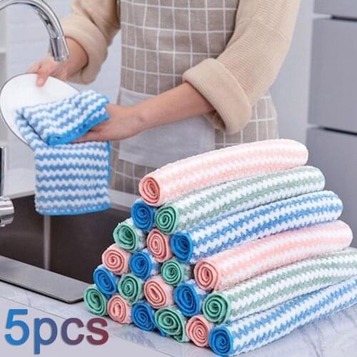 5Pcs Home Kitchen Convenient Practical Multifunctional Durable Anti-grease Microfiber Cleaning Cloth Dish Towel Scouring Pad