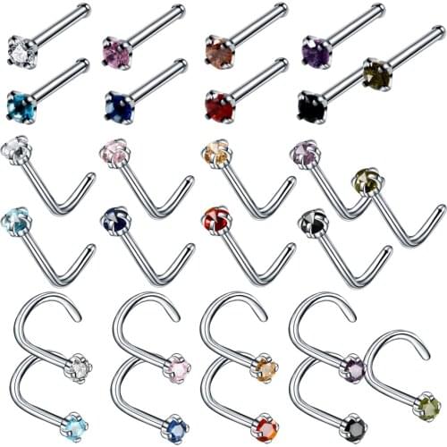 9Pcs/lot Stainless Steel Nostril Piercings CZ Crystal Piercing Nose Stud Many Colors Star Nose Rings Nariz Piercing Jewelry 20G