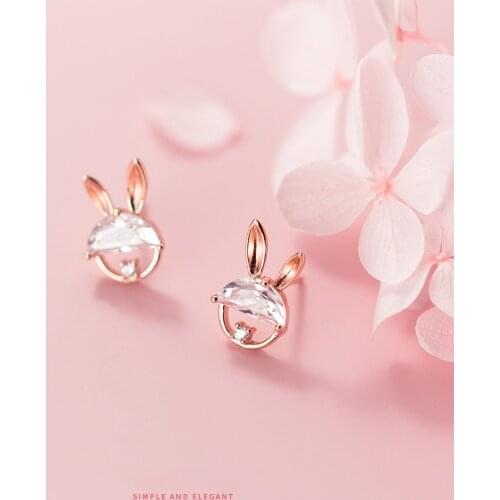 Modian 925 Sterling Silver Rose Gold Color Animal Ear Pin for Women Fashion Shining Zircon Cute Rabbit Stud Earring Fine Jewelry