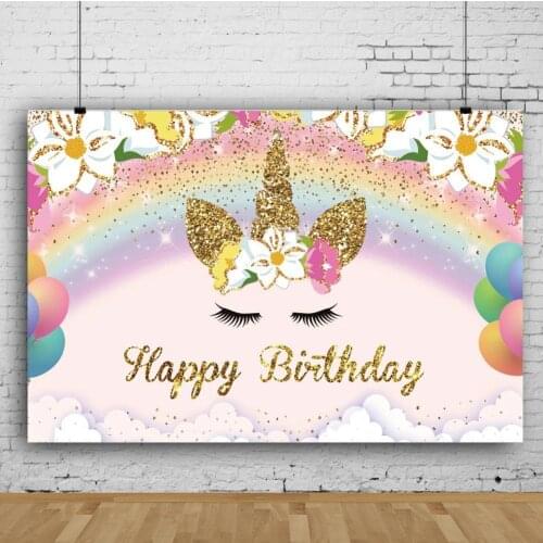 Flowers Unicorn Girl Happy Birthday Backdrop Photography Photo Kid Party Room Table Decoration Baby Bath Custom Vinyl Background