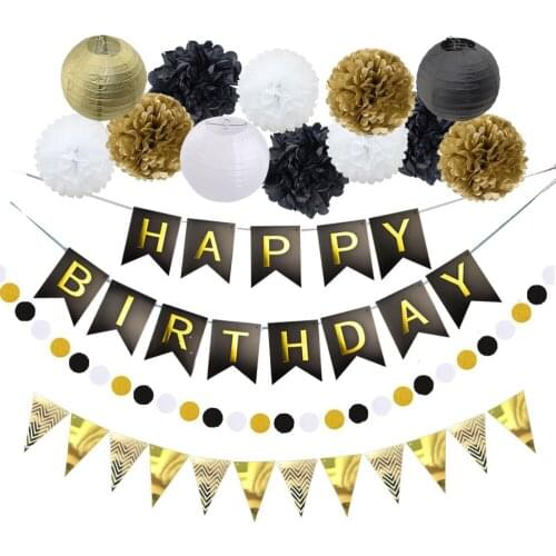 Kids Birthday Party Favor Gold Black White Hanging Paper Crafts Set Boy Boy Girl Baptism Decor Round Paper Lantern Tissue Pompom