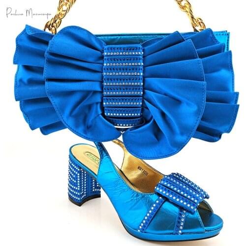 African Royal Blue Color New Arrival Italian Design Nigerian Party Women Shoes and Bag Set Decorated With Narrow Band